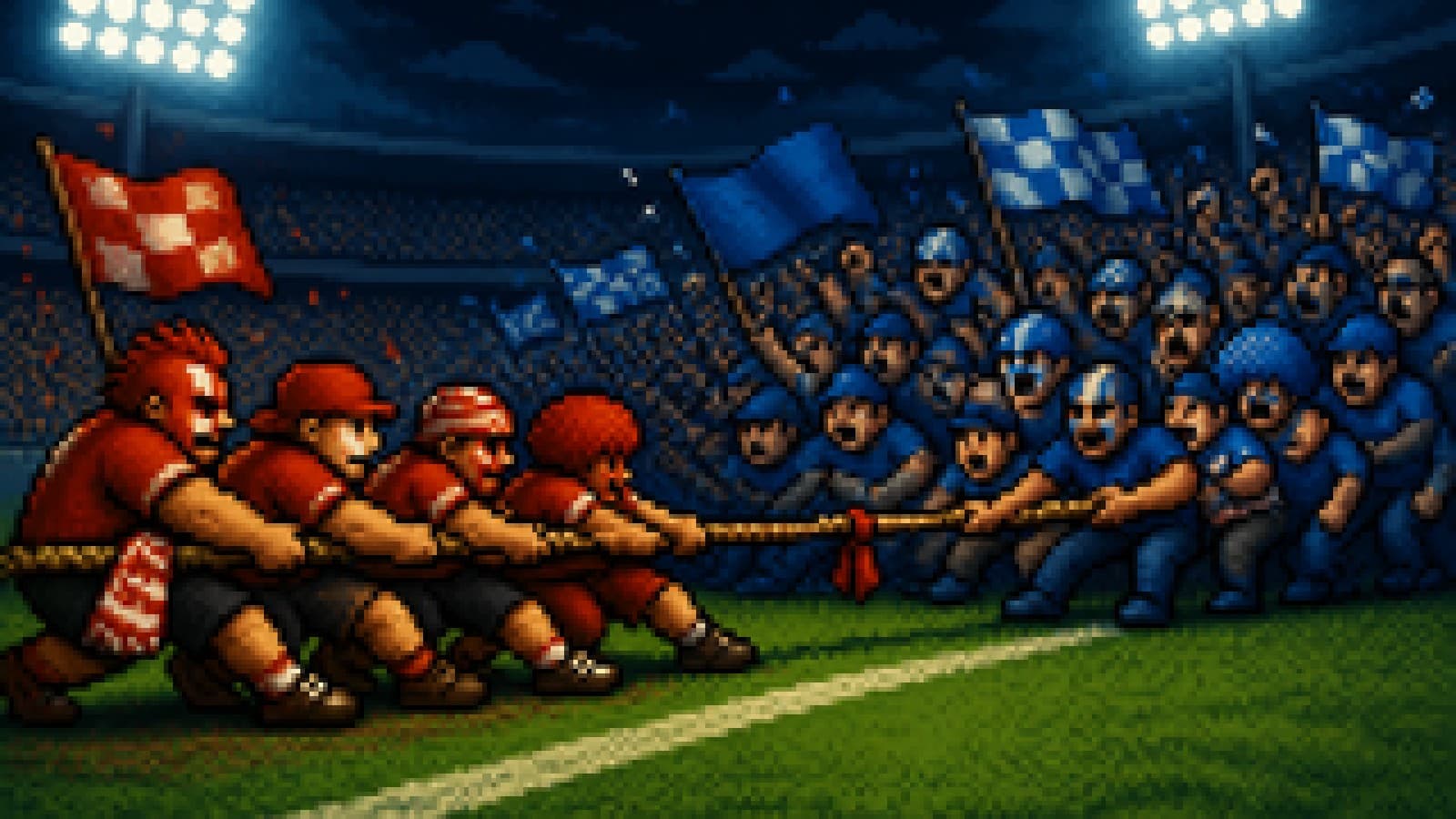 A small red crowd outpulling a bigger blue crowd in a stadium tug-of-war