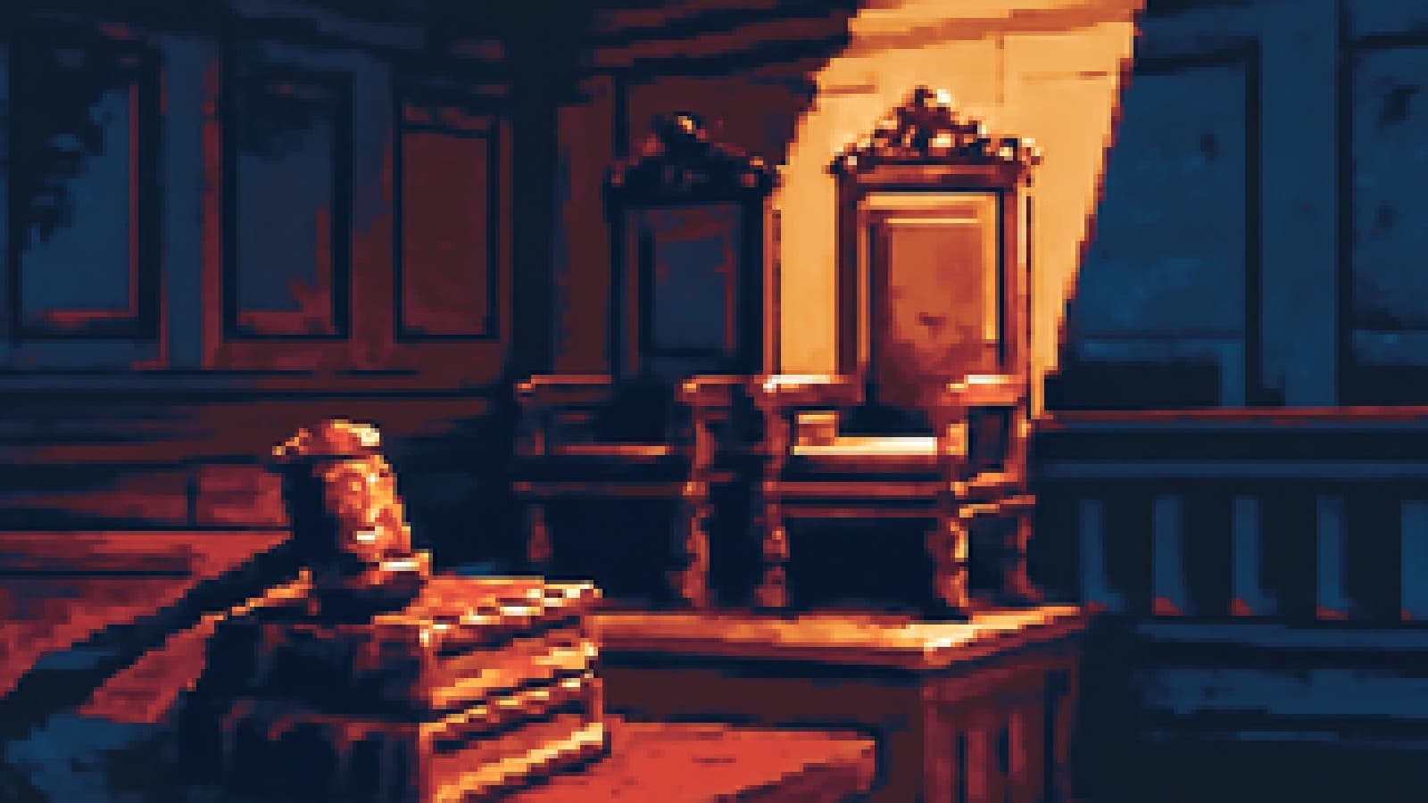 Pixel-art courtroom with two empty royal thrones before a judge's bench piled with old history books and a gavel.