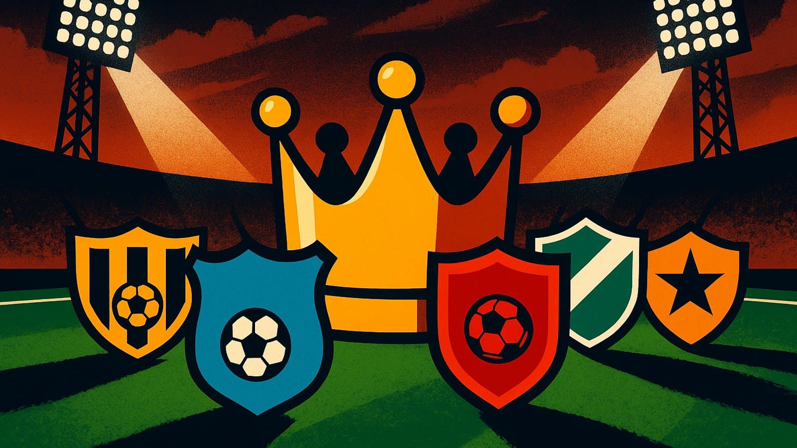 Illustration of five generic football crests fighting over a golden crown in a floodlit stadium