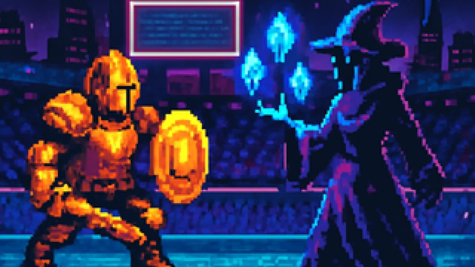 Pixel-art arena with a golden knight holding an orange coin shield facing a purple mage with glowing blue crystals.
