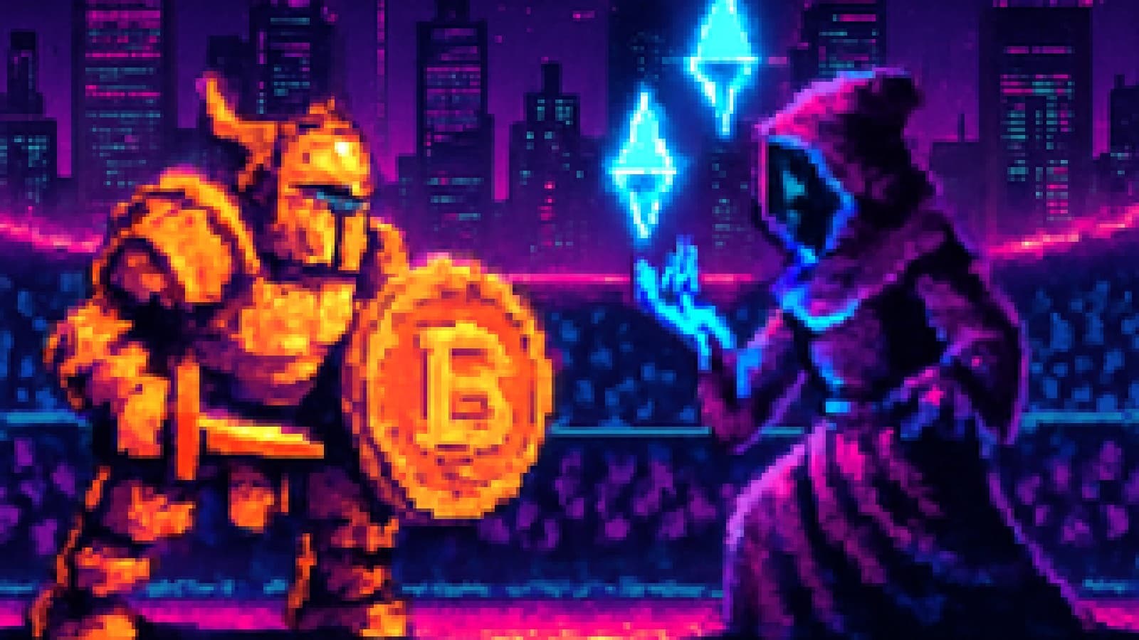 Pixel-art arena duel between a golden knight with an orange coin shield and a purple mage with blue diamond crystals.