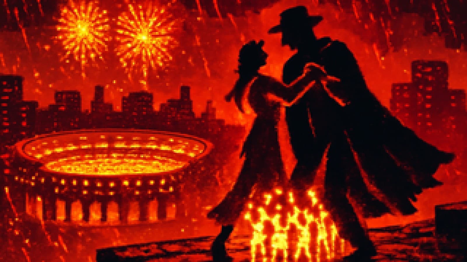 Pixel-art caped figure dancing on a rainy rooftop with a small crowd as fireworks go off over an empty stadium below