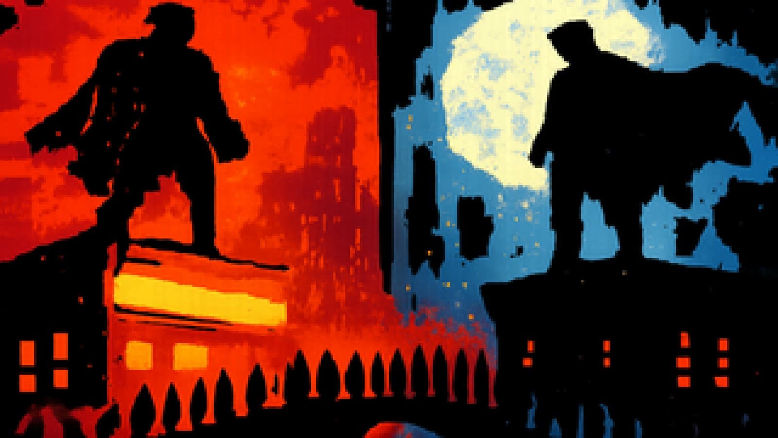 Pixel-art of two caped silhouettes on rival rooftops at night while a crowd crosses toward the rain-soaked blue one