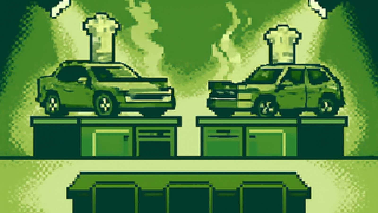 Pixel-art illustration of two cars on rival cooking-show stations under spotlights, facing a judge's table.