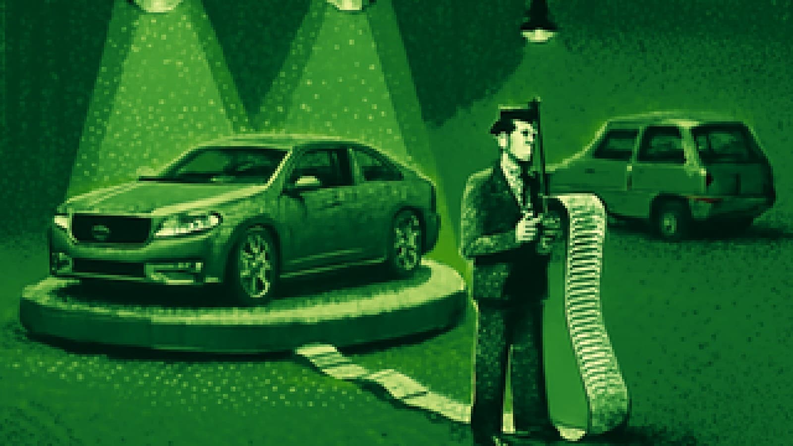 Pixel-art showroom with a shiny luxury car on a turntable and an accountant holding a long receipt that trails toward a modest hatchback.