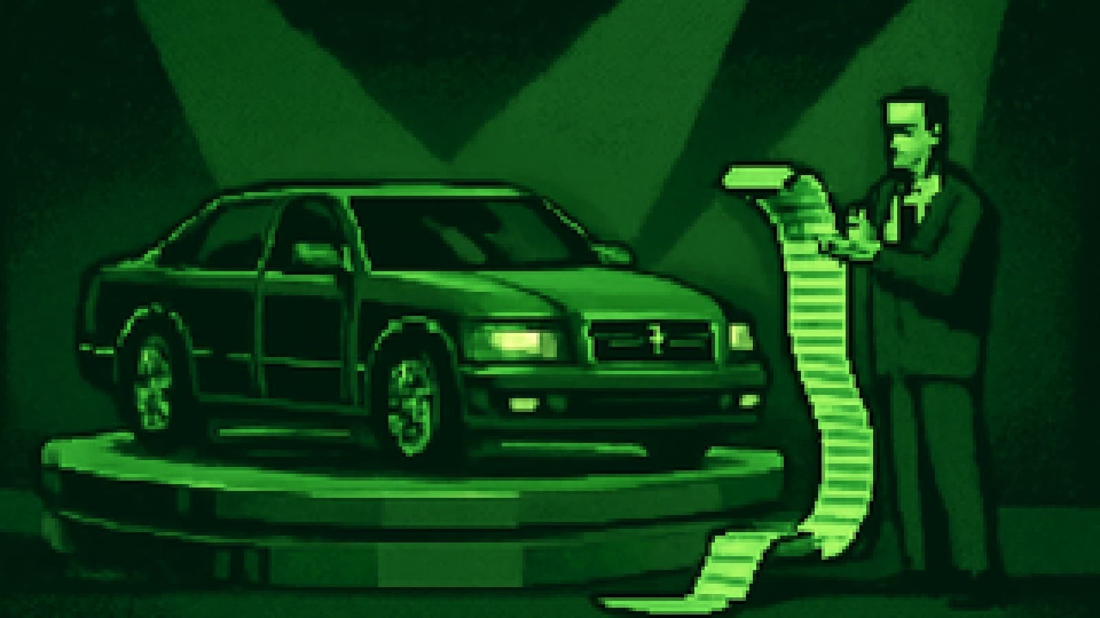 Pixel-art illustration of a shiny luxury car in a showroom being handed a very long invoice by an accountant.