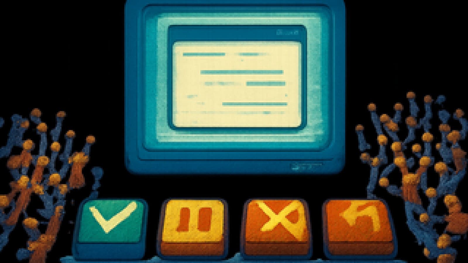 Pixel-art monitor with four arcade buttons for confirm, pause, cancel and undo, surrounded by cheering tiny fans.