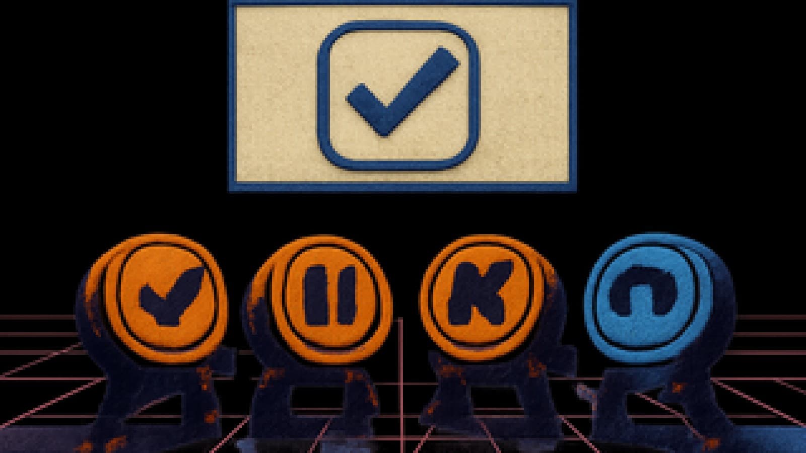 Four oversized pixel-art app control buttons squaring off on a neon arena stage beneath a floating pop-up window.