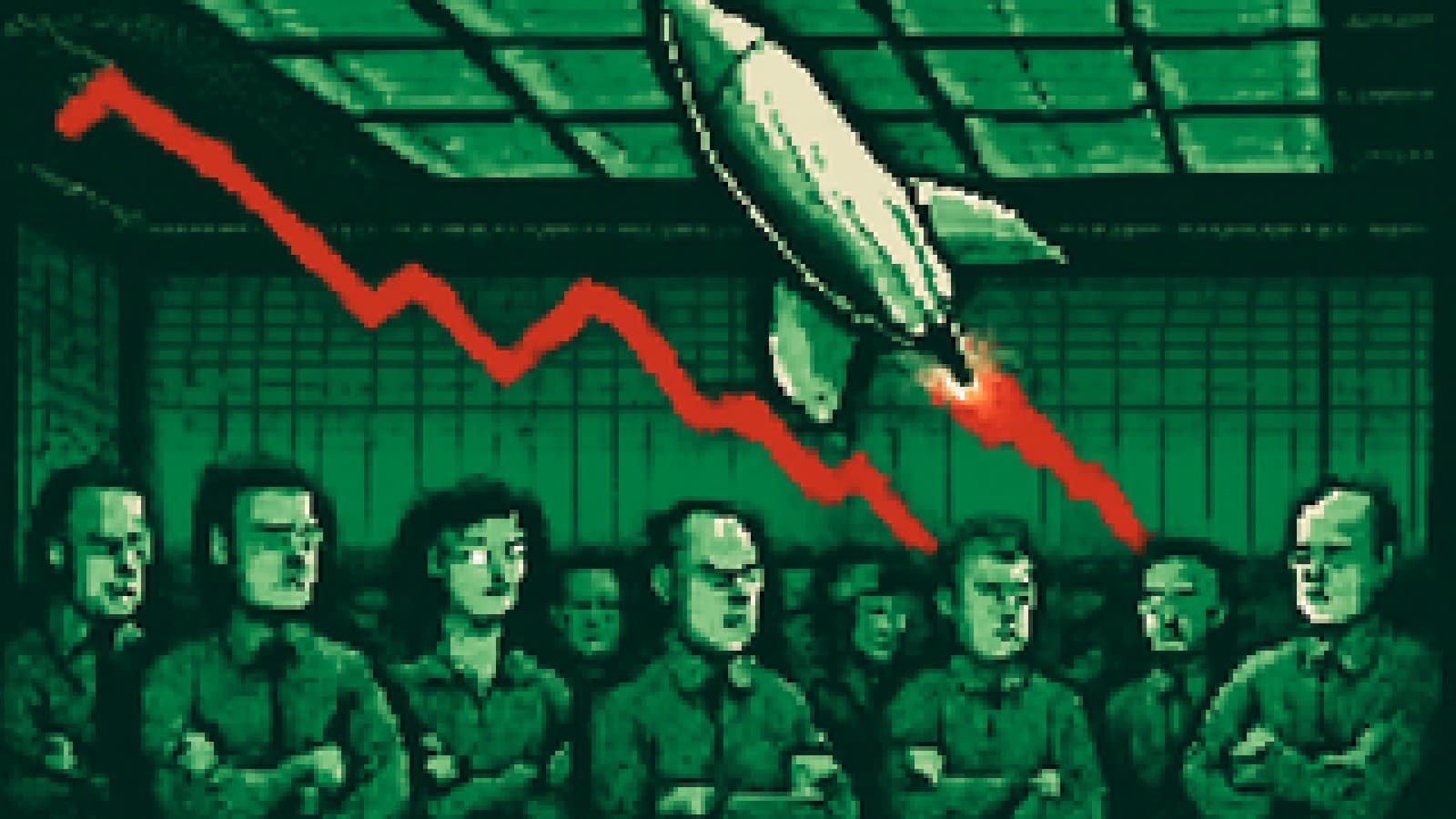 Pixel-art rocket pressed against a glass ceiling above a trading floor while a calm crowd watches below