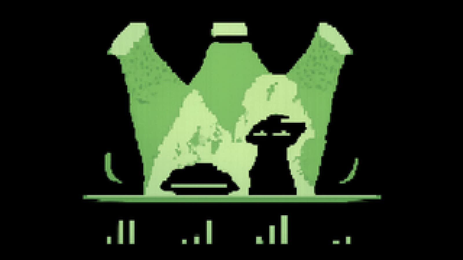 Pixel-art cooking show counter with four plates topped by signal-bar icons, the tallest crowding the front.