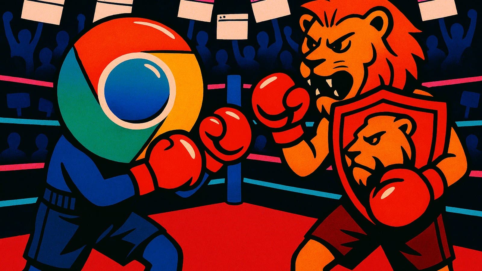 Cartoon of a colourful orb boxer squaring off against an orange lion holding a shield in a neon boxing ring.
