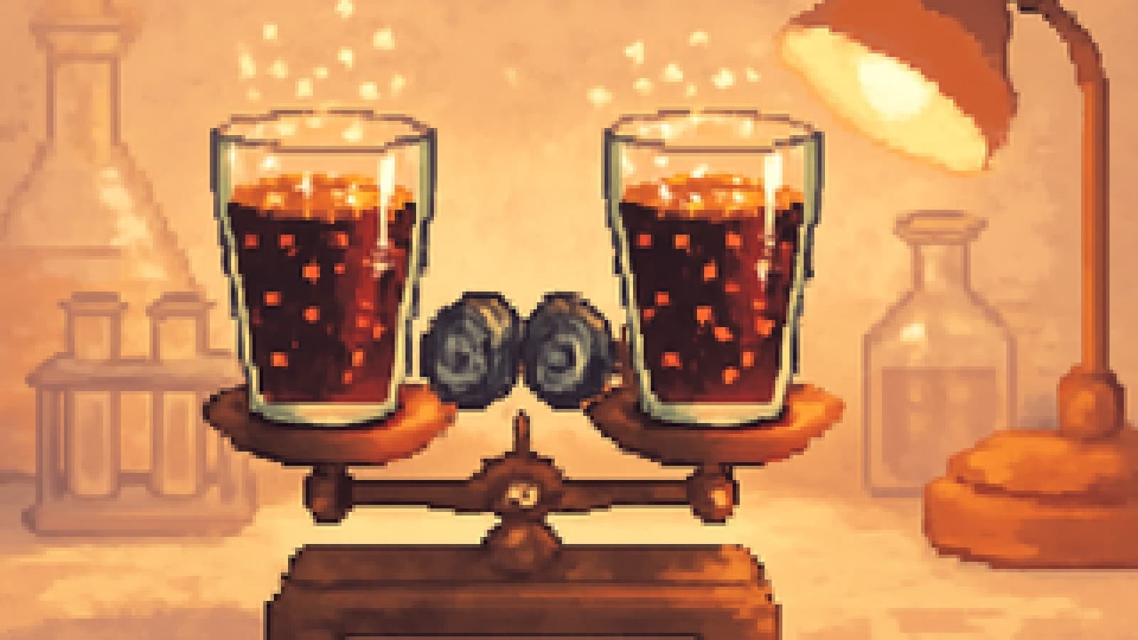 Pixel-art lab bench where two fizzing glasses of cola sit on a perfectly level brass scale.