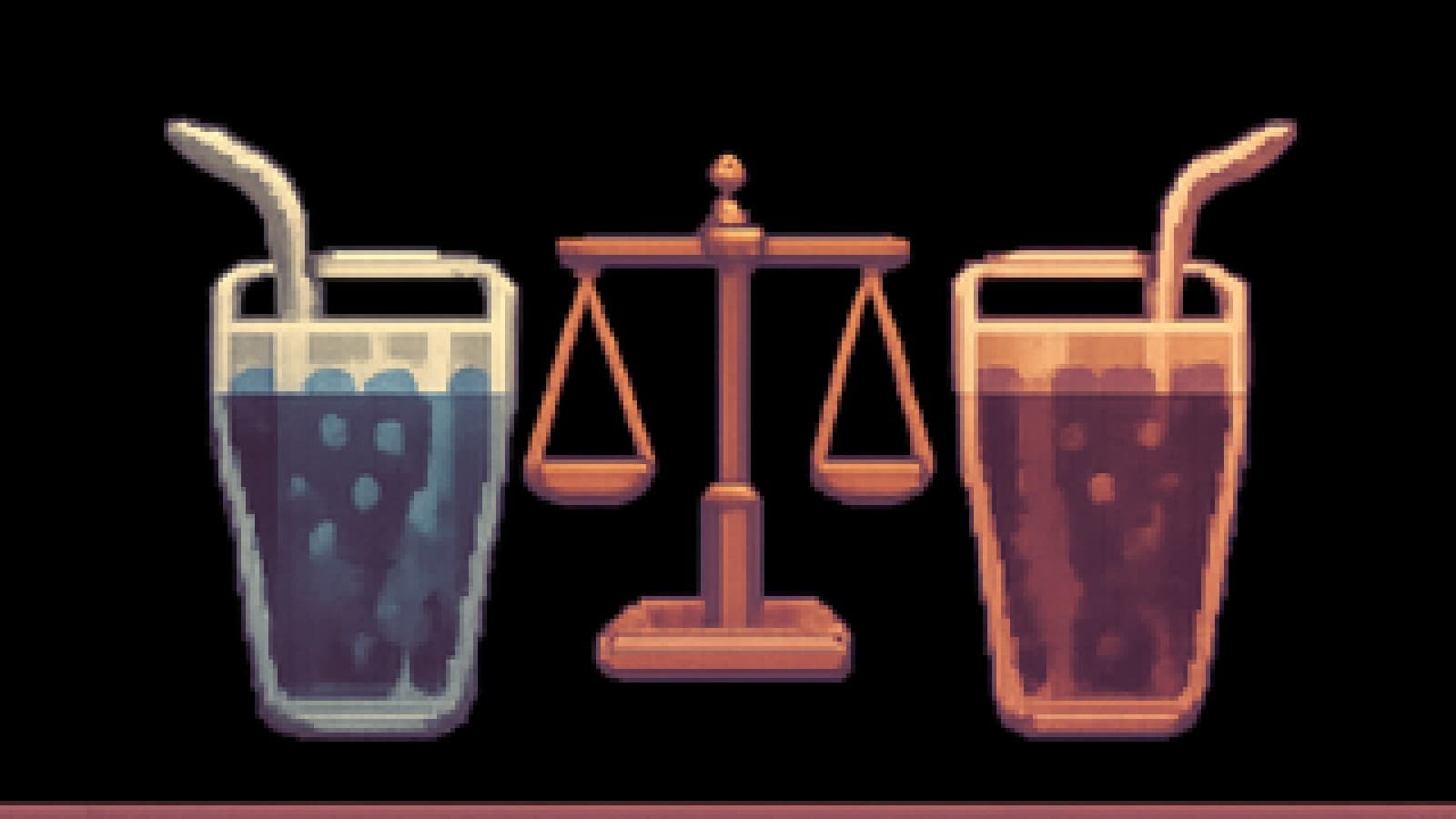 Two glowing glasses of cola, one blue-lit and one red-lit, face each other on a lab bench with a balanced scale between them.
