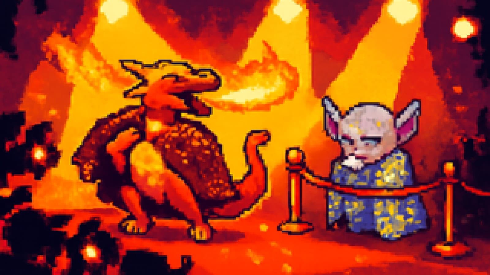 Pixel-art awards scene with an orange dragon posing under spotlights while a purple psychic creature in rainbow glitter sulks behind a rope.