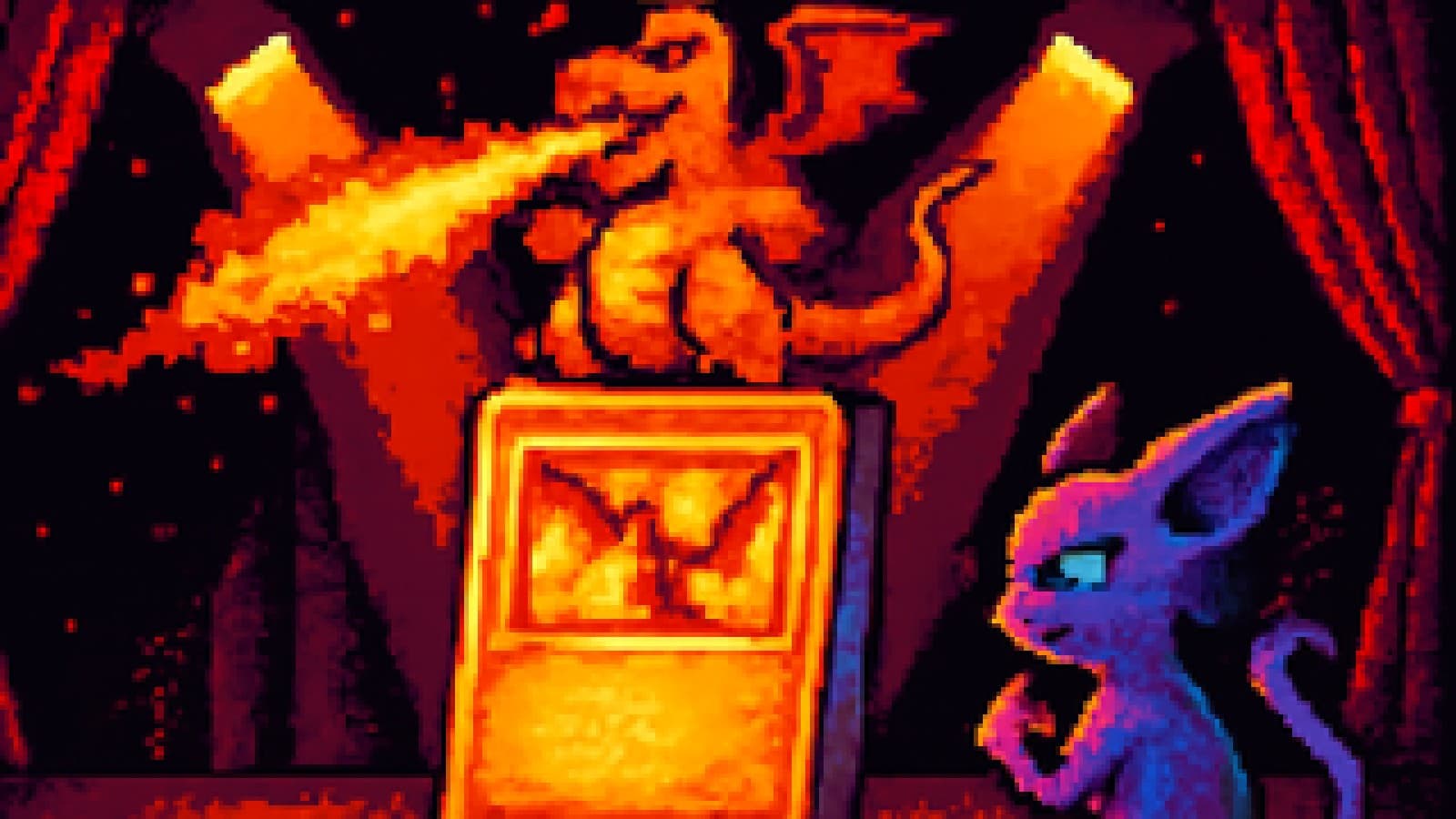 Pixel-art orange dragon wearing a crown on top of a glowing trading card while a rainbow-shimmering purple creature watches from the side of the stage.
