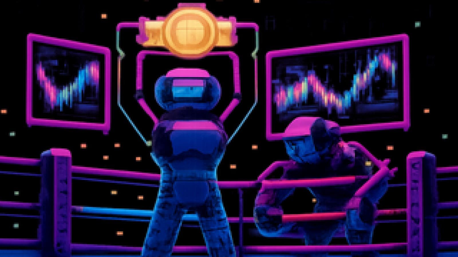 Pixel-art robot boxer raising a golden belt in a neon trading-floor ring while a second robot leans on the ropes near an iron gate.