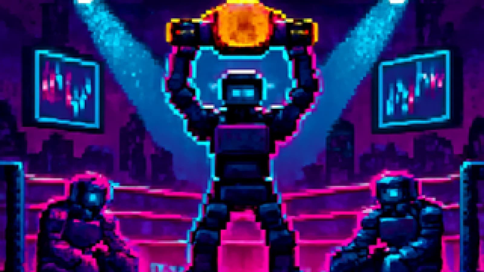 Pixel-art robot champion holding a golden belt in a neon crypto-trading arena while rival robots slump in the corners.