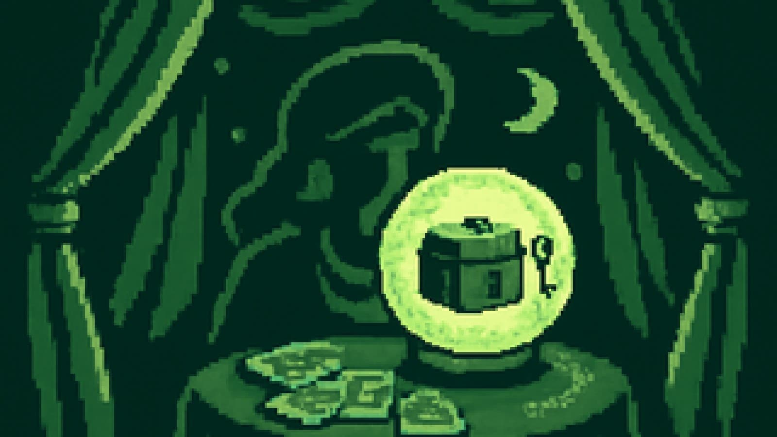 Pixel-art crystal ball glowing on a velvet table with a steel lockbox and key visible inside, tarot cards scattered around it.