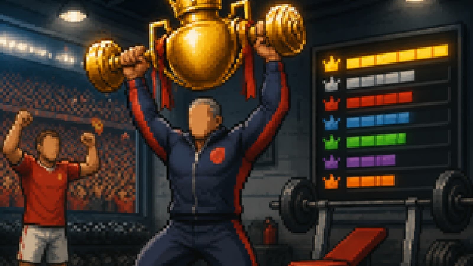 A gym coach lifting a golden football trophy like a barbell in front of a glowing leaderboard