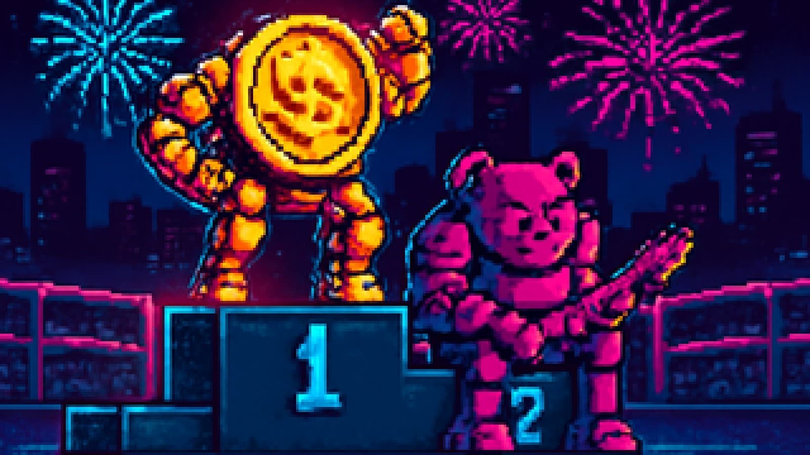 Pixel-art golden coin robot celebrating on a winner's podium while a bear robot sulks in second place