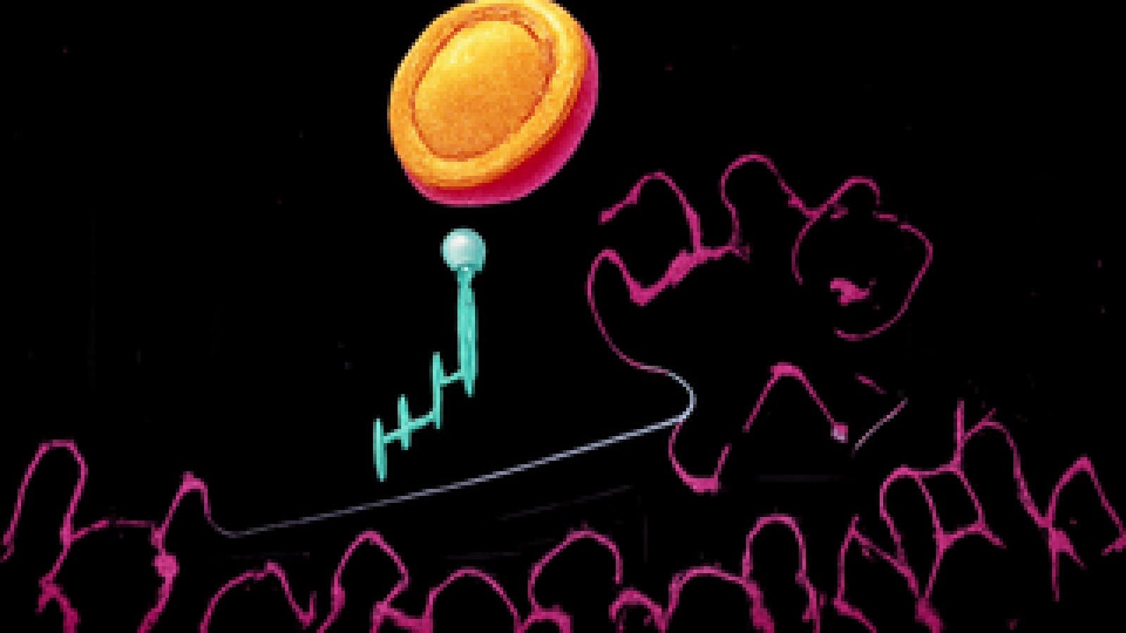 Pixel-art golden coin blasting upward on a green candlestick as a cartoon bear falls off a keynote stage