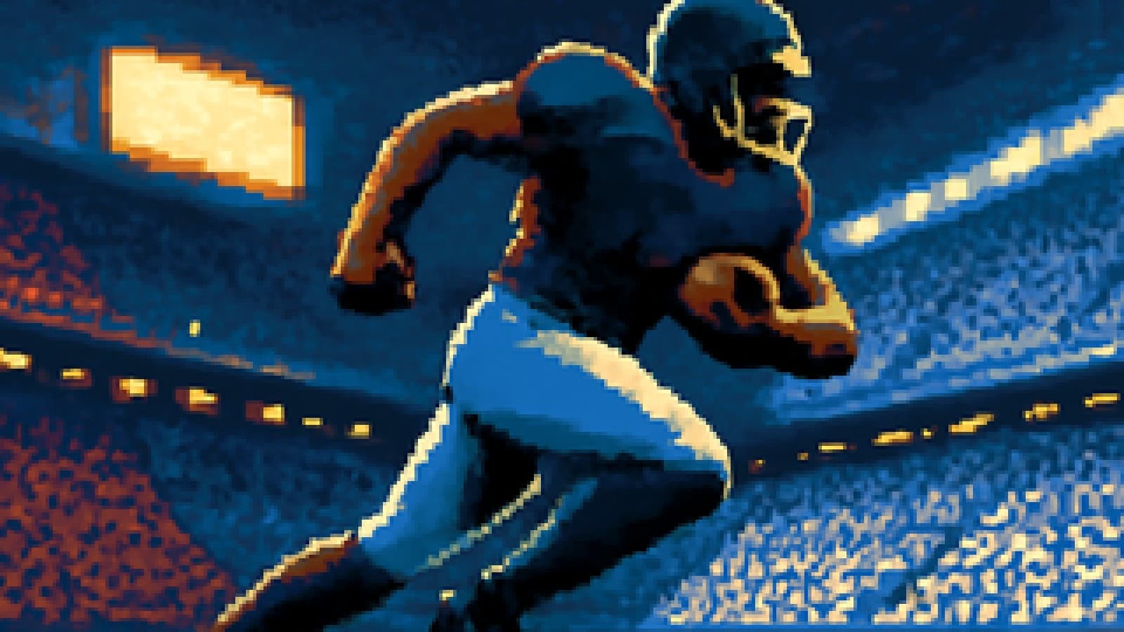 Pixel-art stadium split between blue-and-garnet and white fans under a glowing scoreboard