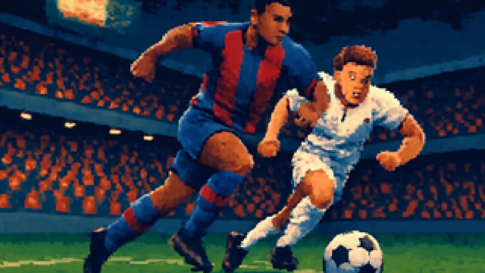 Pixel-art football scene with a blue-and-garnet attacker beating a white-shirted defender under stadium lights
