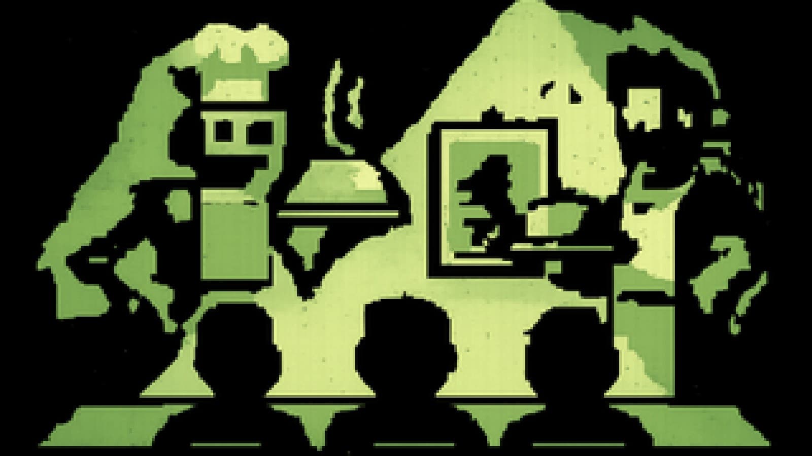 Pixel-art cooking show stage with a robot chef and a human painter presenting framed artworks on silver platters.