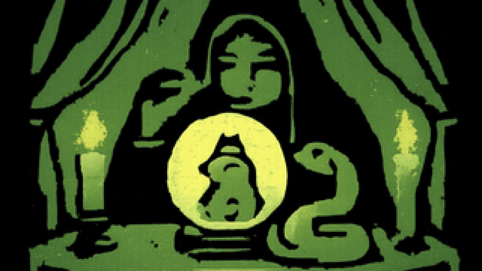 Pixel-art crystal ball showing a crowned gopher while a python coils around its base.