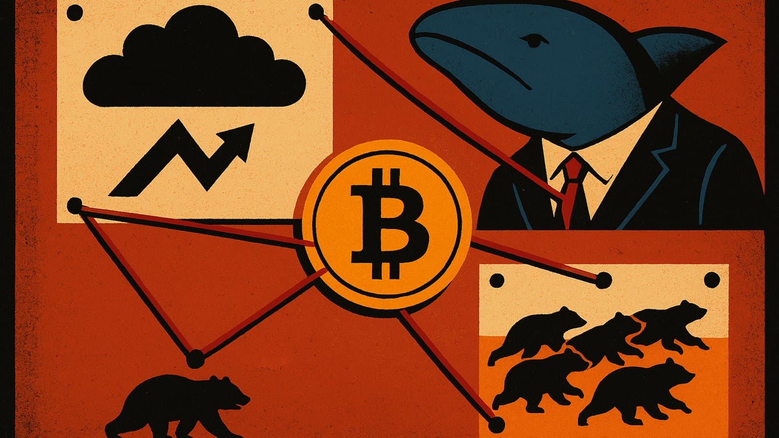 Illustrated detective board linking a glowing Bitcoin coin to a suited whale, a rising-arrow storm cloud and fleeing bears