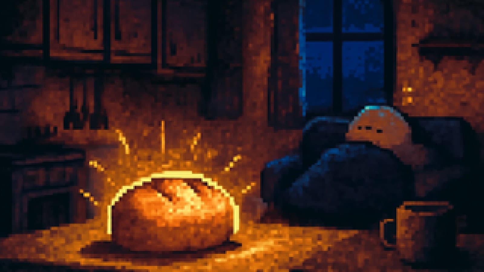 pixel art of a glowing loaf of bread on a kitchen counter with a sleeping character on a couch behind it