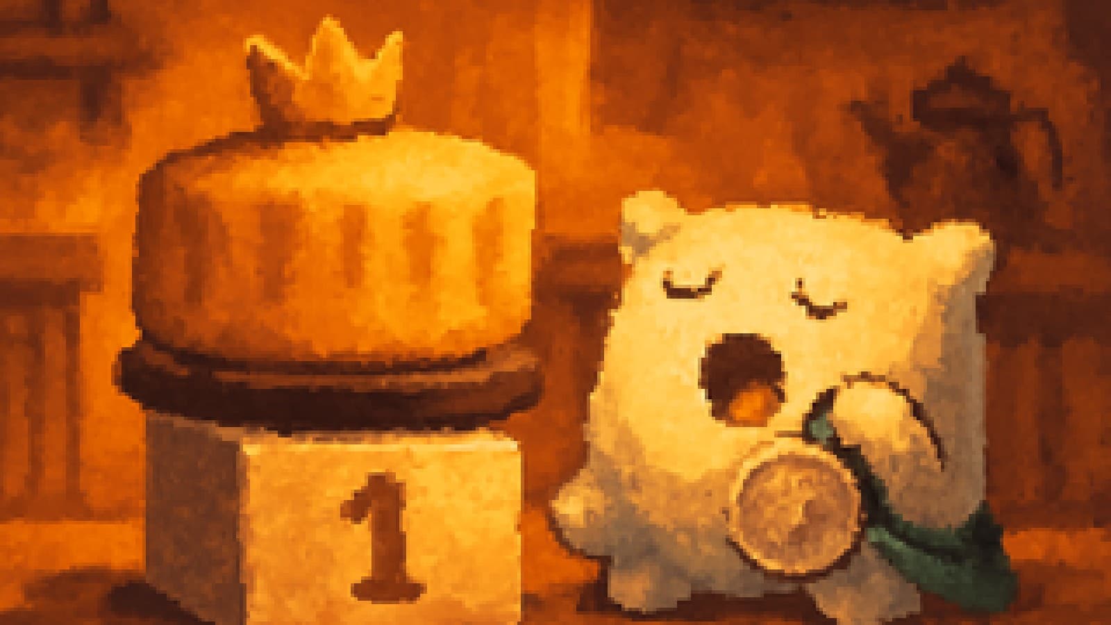 pixel art of a crowned cake on a winner's podium next to a yawning pillow in second place