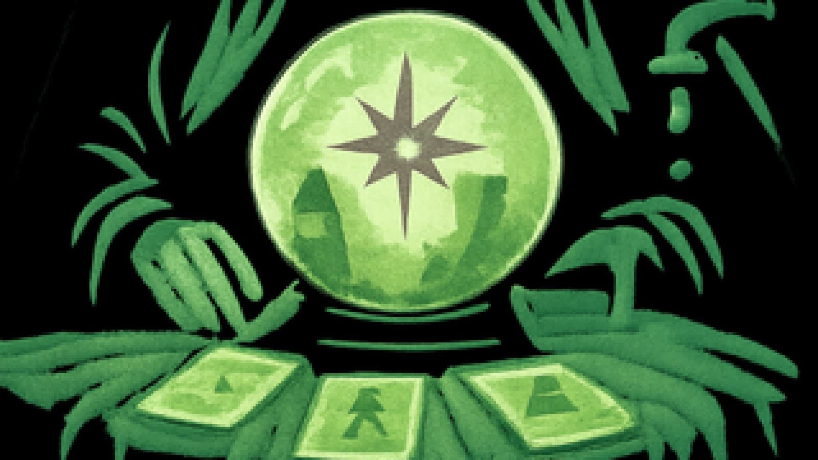 Pixel-art crystal ball on a velvet table showing a bright star rising above a foggy lantern and a stone tower