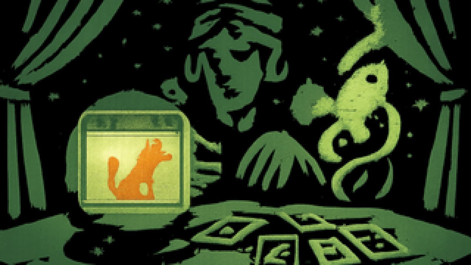 Pixel-art crystal ball with a fox in a browser window facing a swirling green rocket aura on a fortune teller's table.