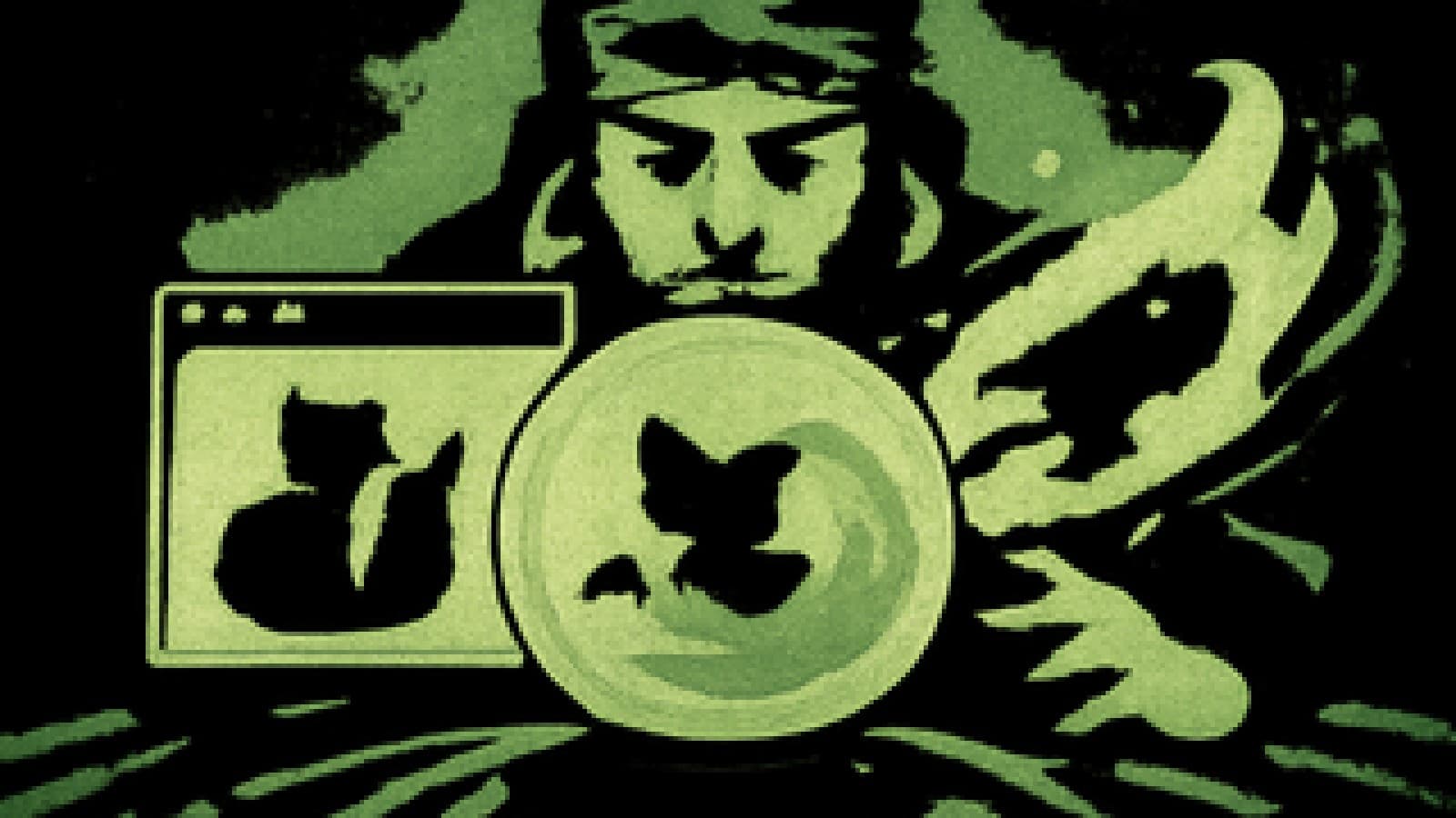 Pixel-art crystal ball showing a fox in a browser window being pushed aside by a swirling green rocket aura.