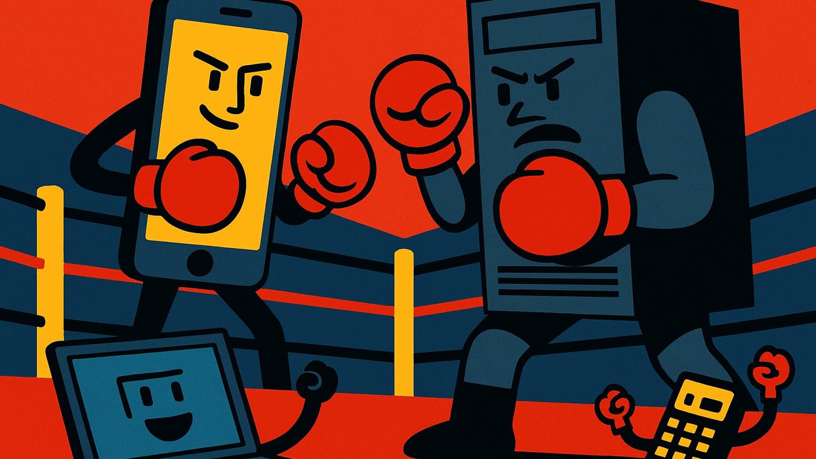 Cartoon of a smartphone and a desktop PC boxing in a ring, with a laptop and a calculator watching from ringside