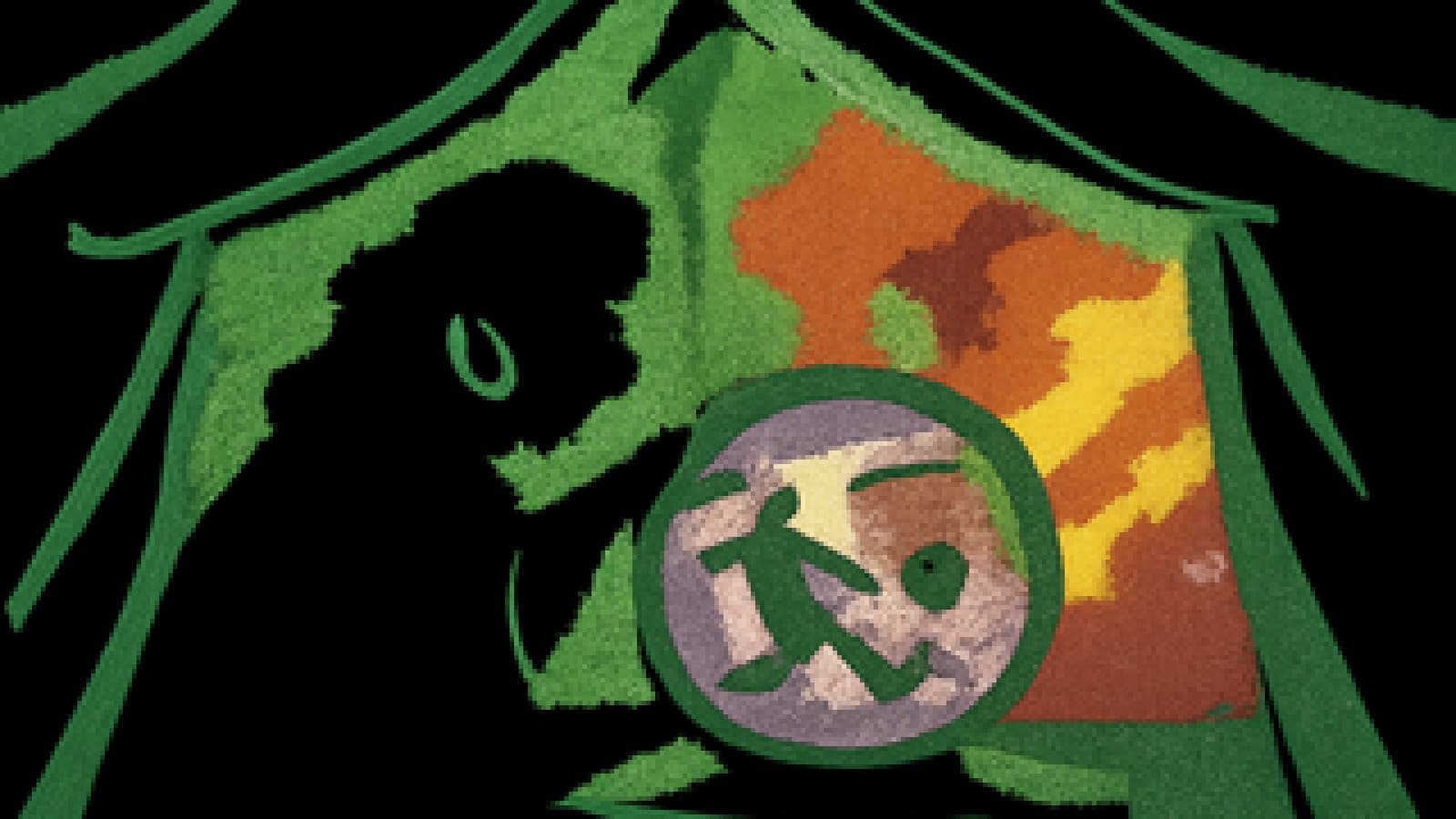 Pixel-art fortune teller's crystal ball showing a left-footed shot curling into a goal, with red and yellow smoke outside