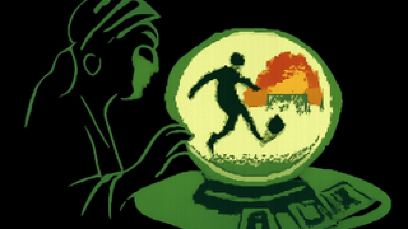 A crystal ball on a fortune teller's table showing a left-footed shot heading toward a smoky red and yellow goal