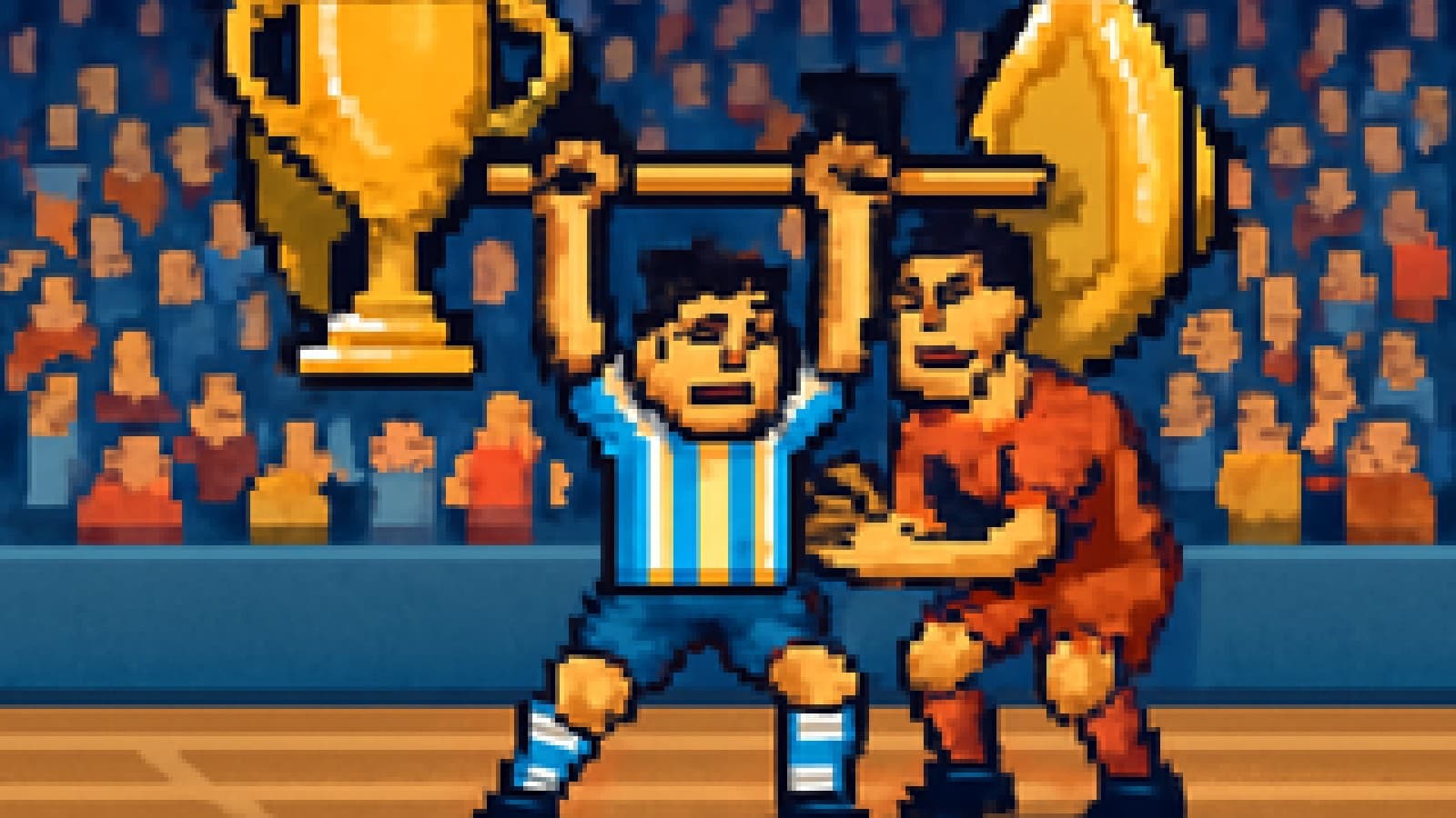 Pixel-art of a footballer in striped kit lifting a trophy-shaped barbell while a rival in red spots him.