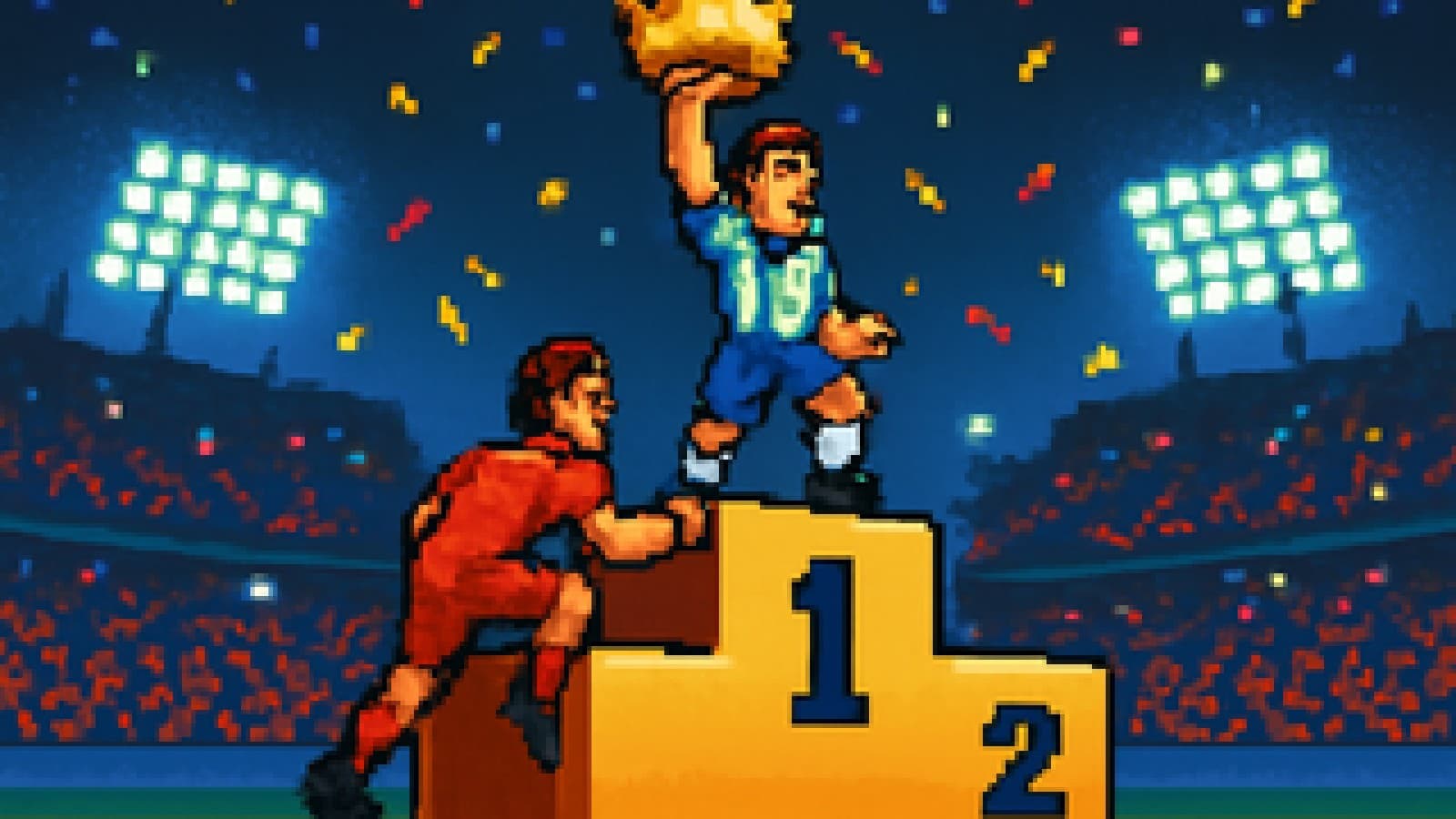 Pixel-art footballer in striped kit holding a crown on top of a podium while a rival in red climbs below.