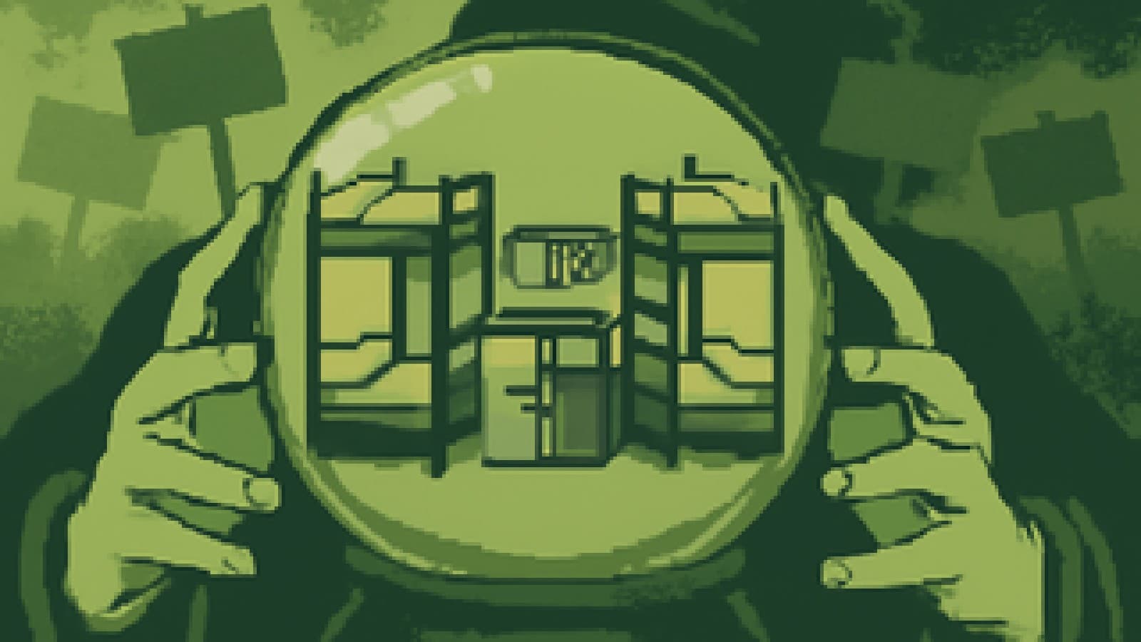 Pixel art of a crystal ball revealing a cramped dorm room as faded protest signs drift away in the mist.