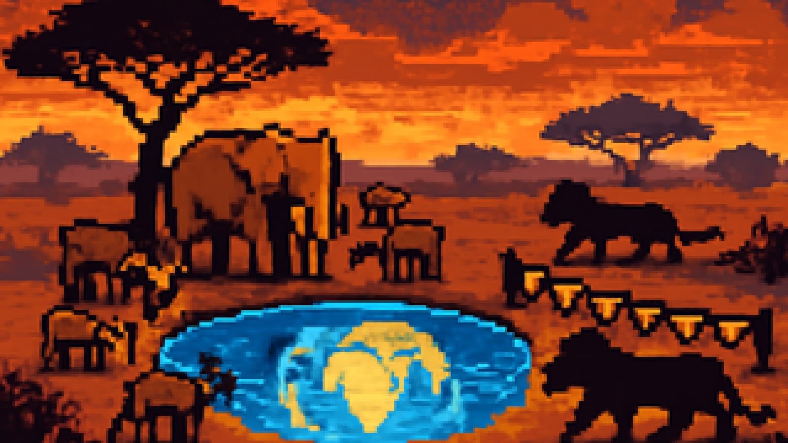 Pixel-art animals gathered at a glowing waterhole at dusk, with another group circling on a dusty trail.