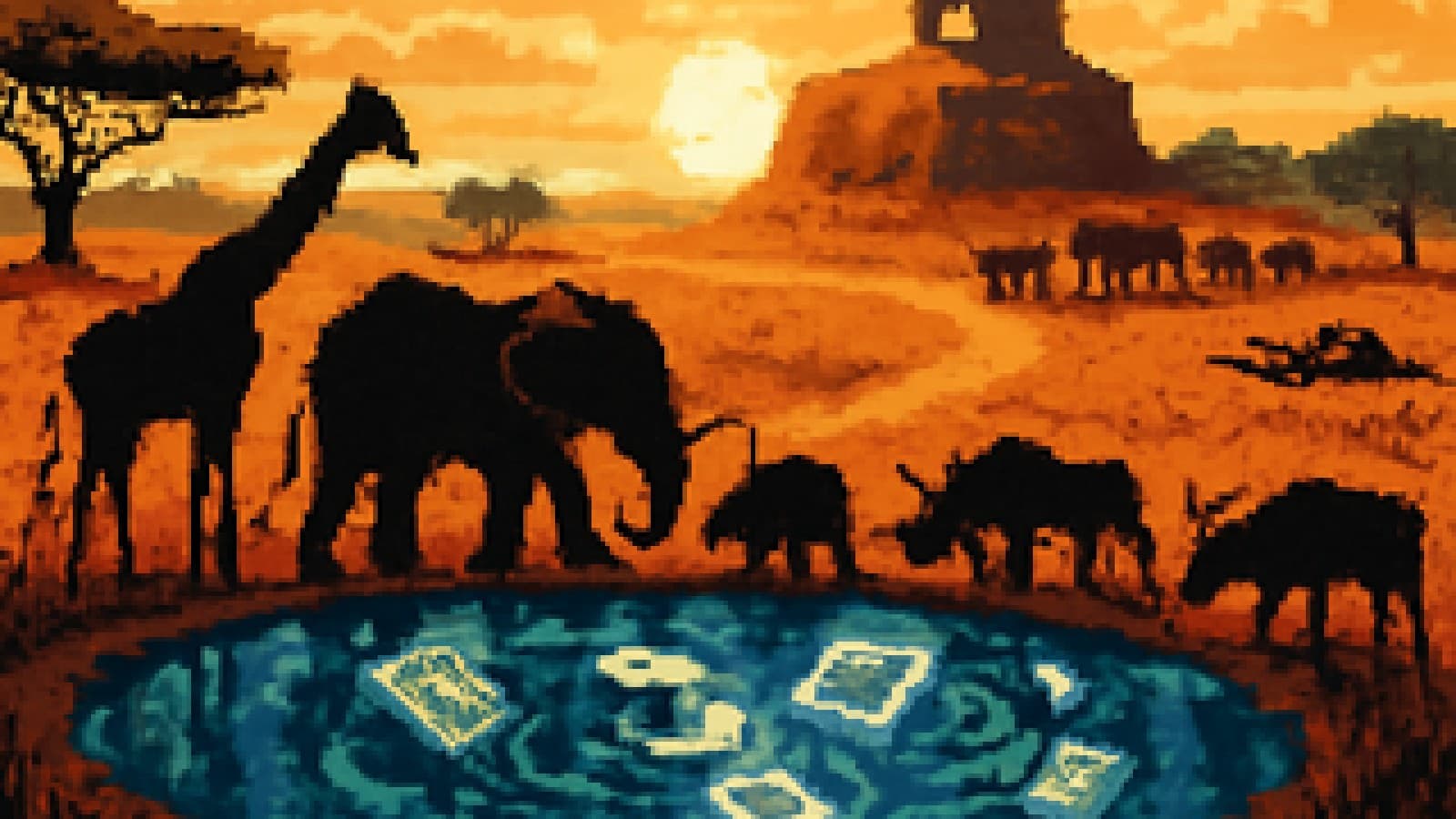 Pixel-art animals gathered at a waterhole that reflects newspapers, with another herd heading toward a distant rock shaped like a ballot box.