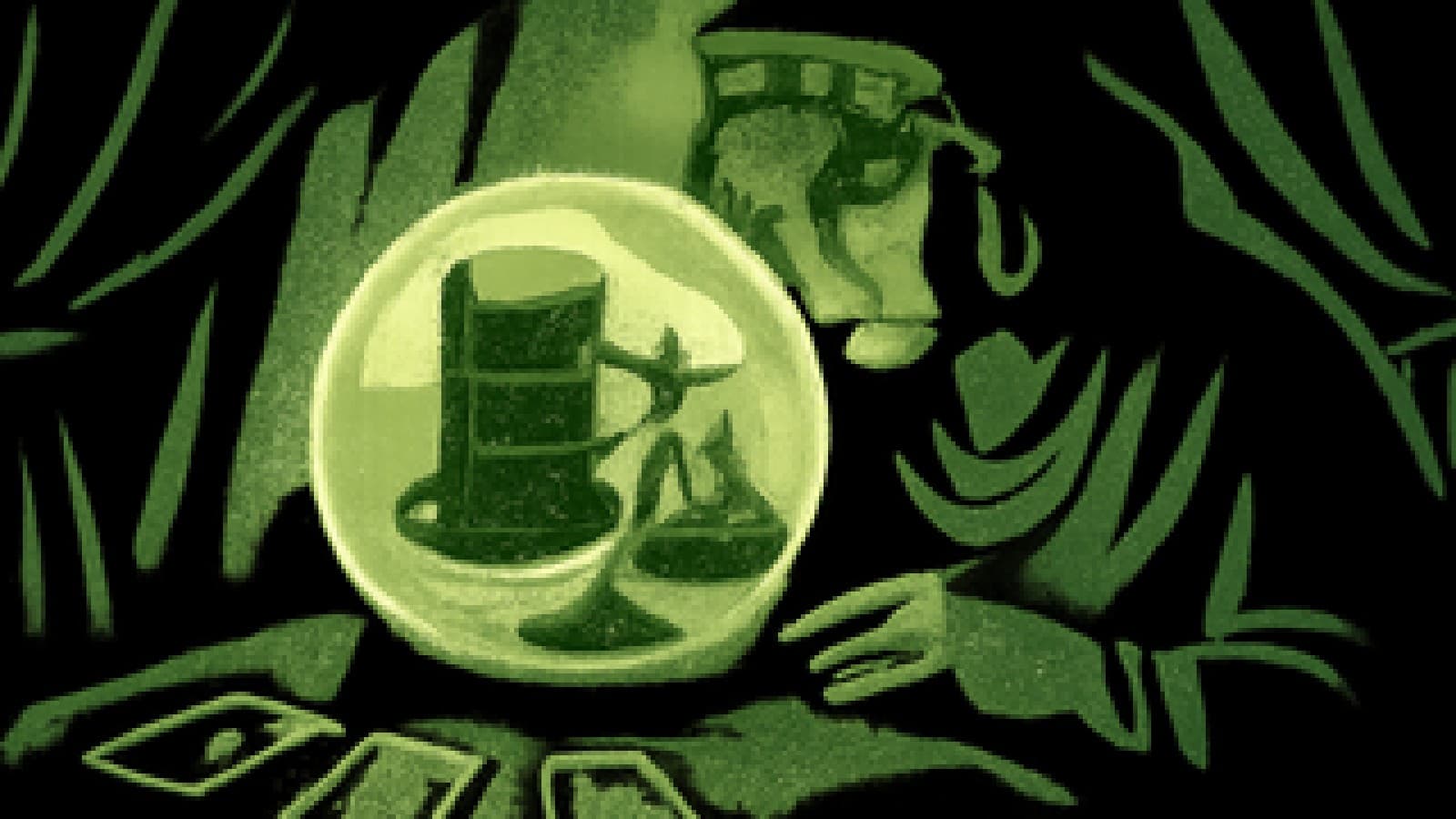 Pixel-art crystal ball showing an oil barrel outweighing a pile of flags on a scale, surrounded by tarot cards