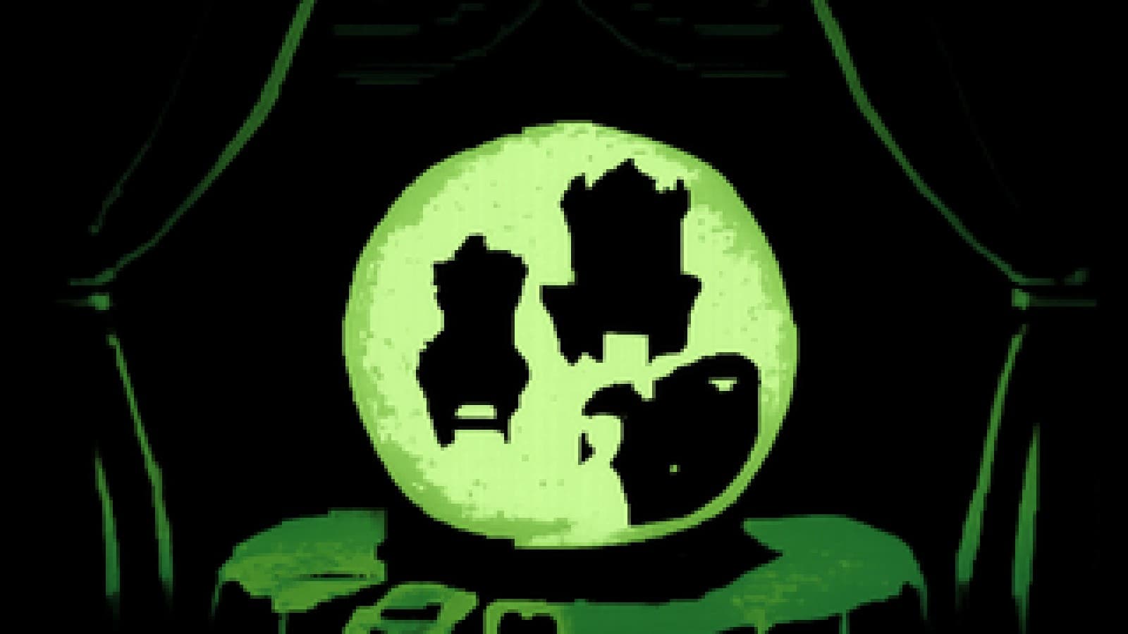 Pixel-art crystal ball showing two silhouetted thrones, one raised higher, with a fuel can beside the lower throne and tarot cards spread around it
