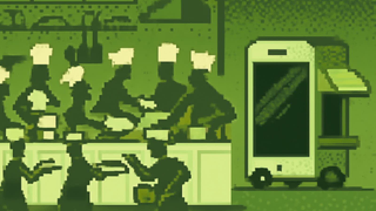Pixel-art open kitchen with cooks sharing dishes along one counter while a lonely phone-shaped food truck waits in the corner.