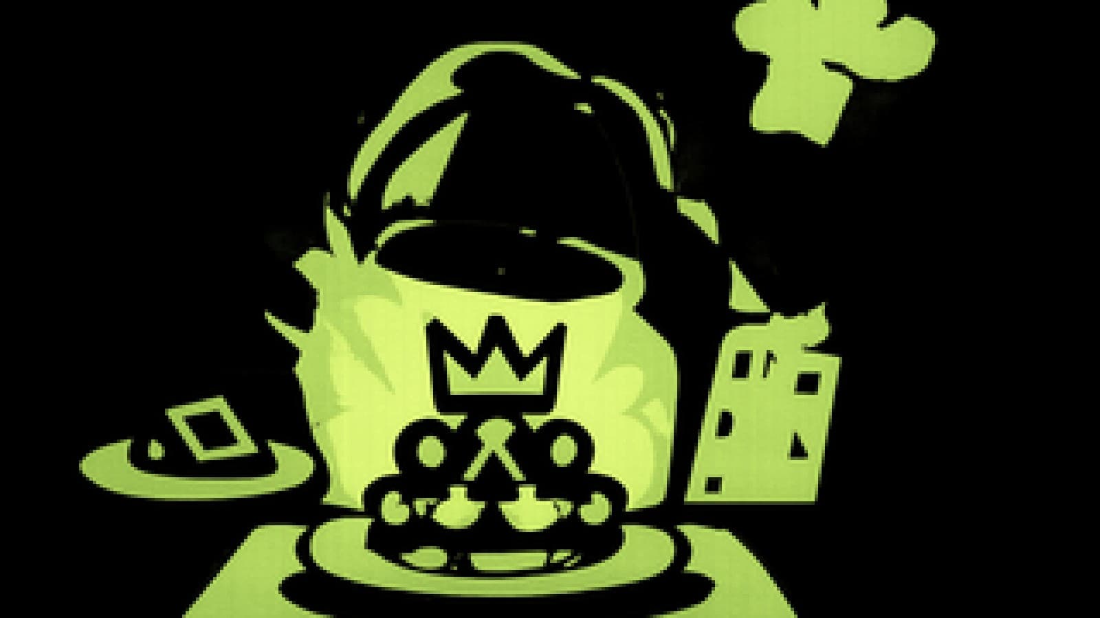 Pixel-art cook-off stage with a crowned web-shaped dish in front and a deflated smartphone-shaped pastry behind it.