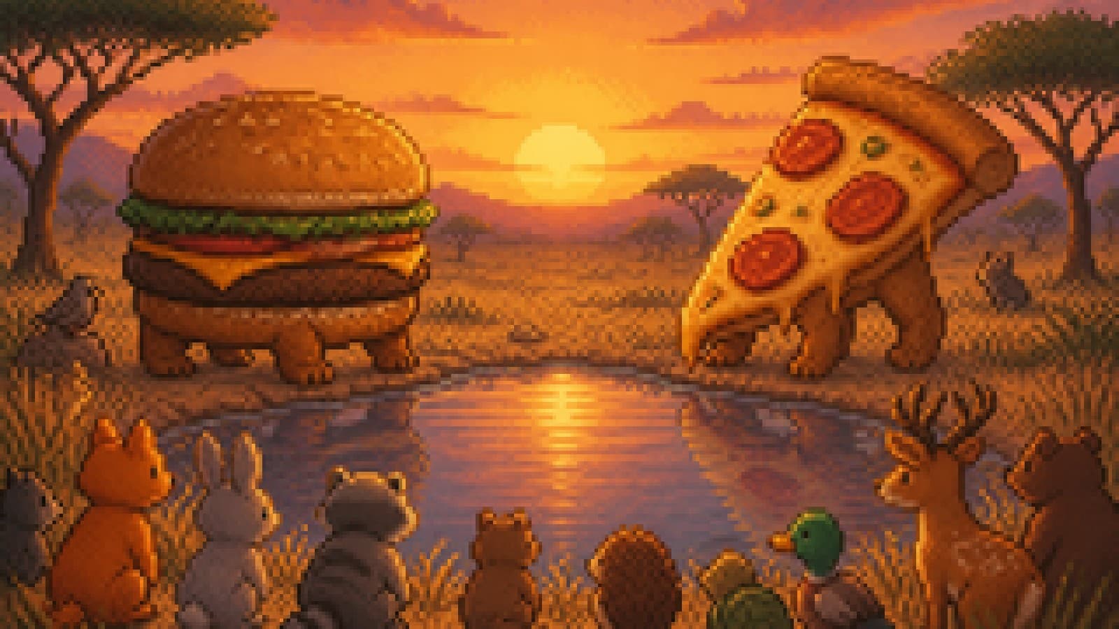 A burger and a pizza slice face off like wild animals at a waterhole at sunset