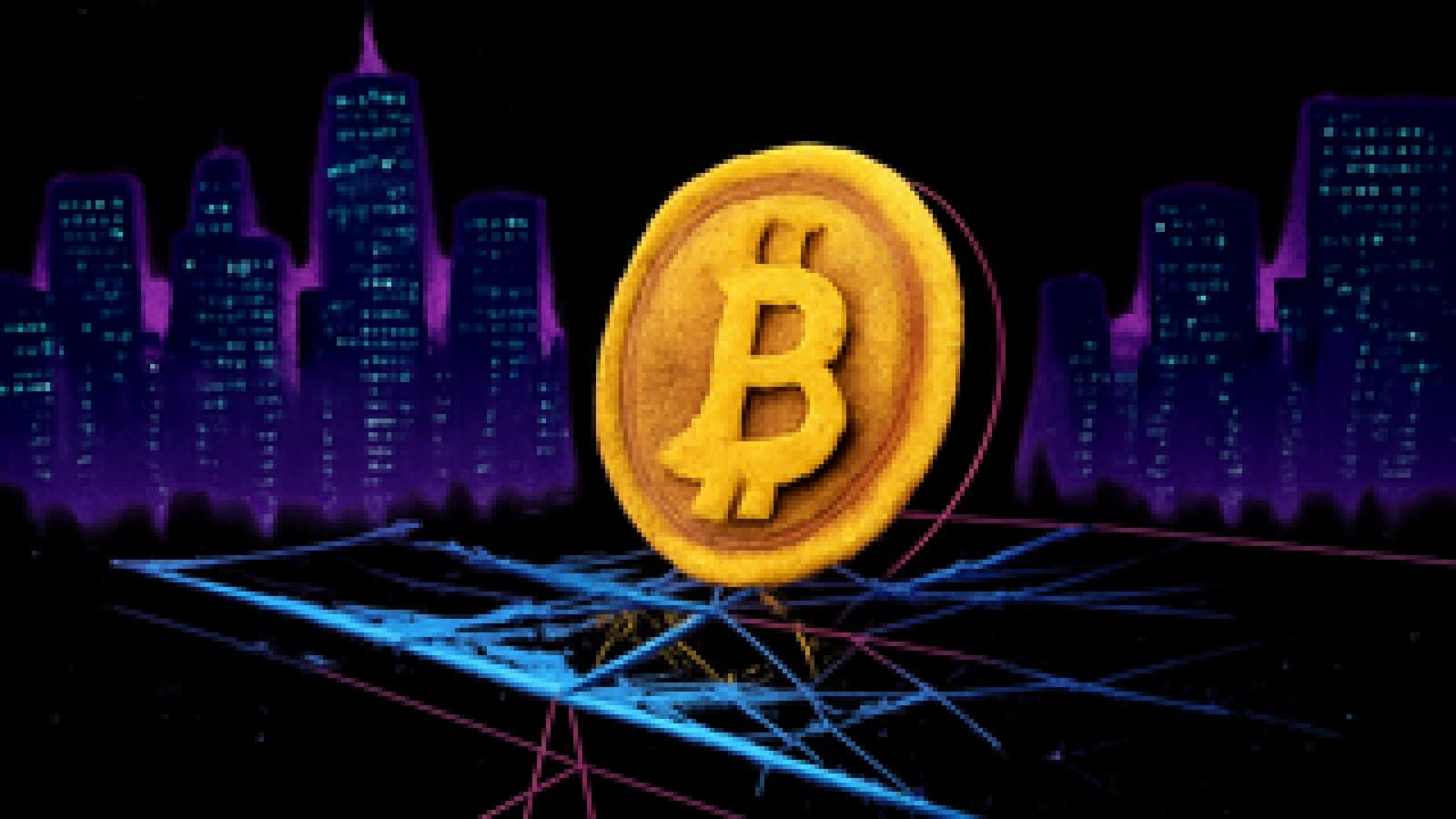 A golden Bitcoin coin balanced on a cracking glass floor over a neon abyss