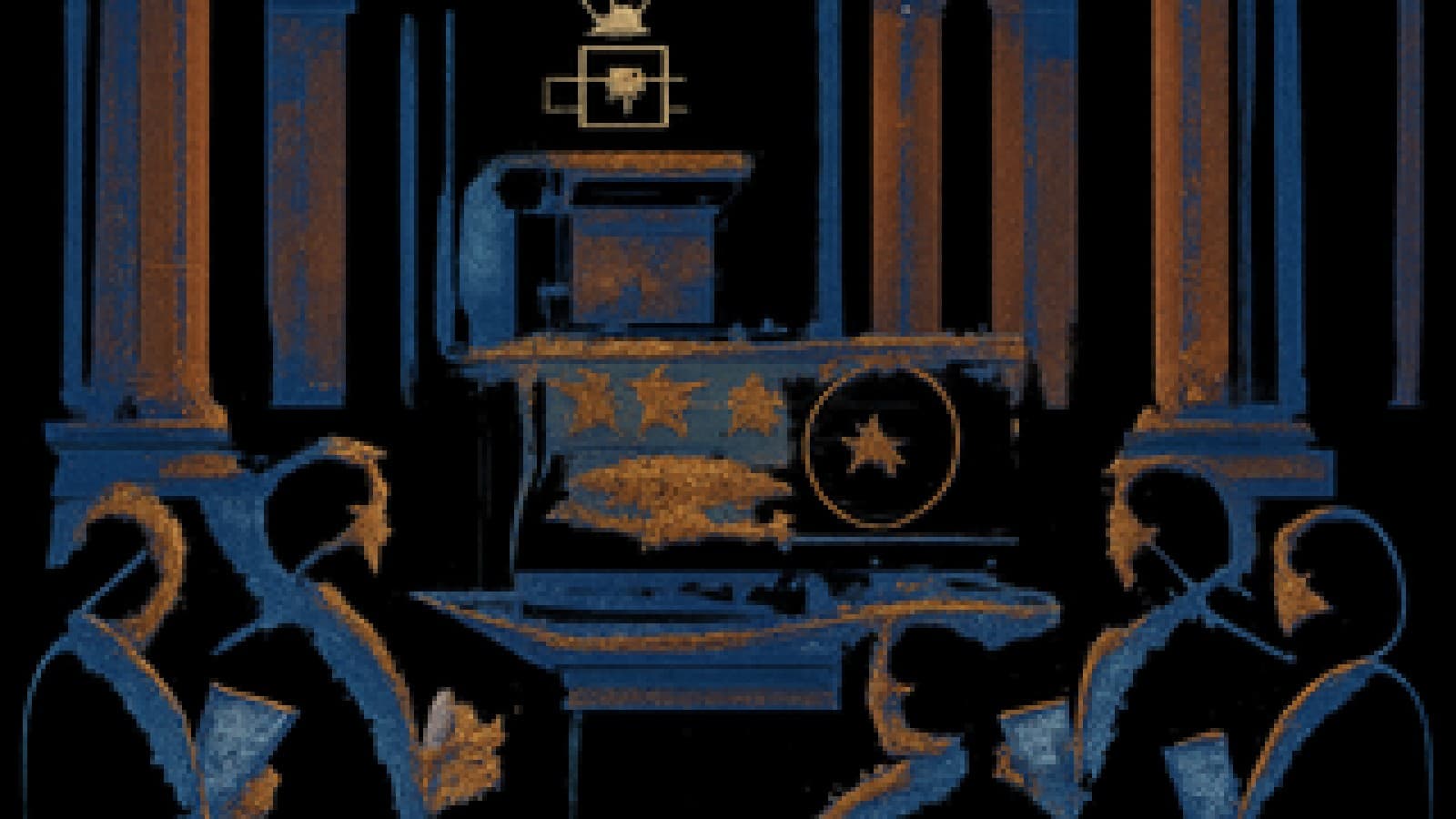 Pixel-art of a small chip crowned on a podium while a larger graphics card stands below holding an empty cushion, watched by clipboard-carrying officials.